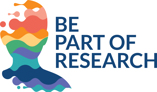 Be Part of Research blue text, placed to the right of a coloured silhouette of a head and shoulders. 