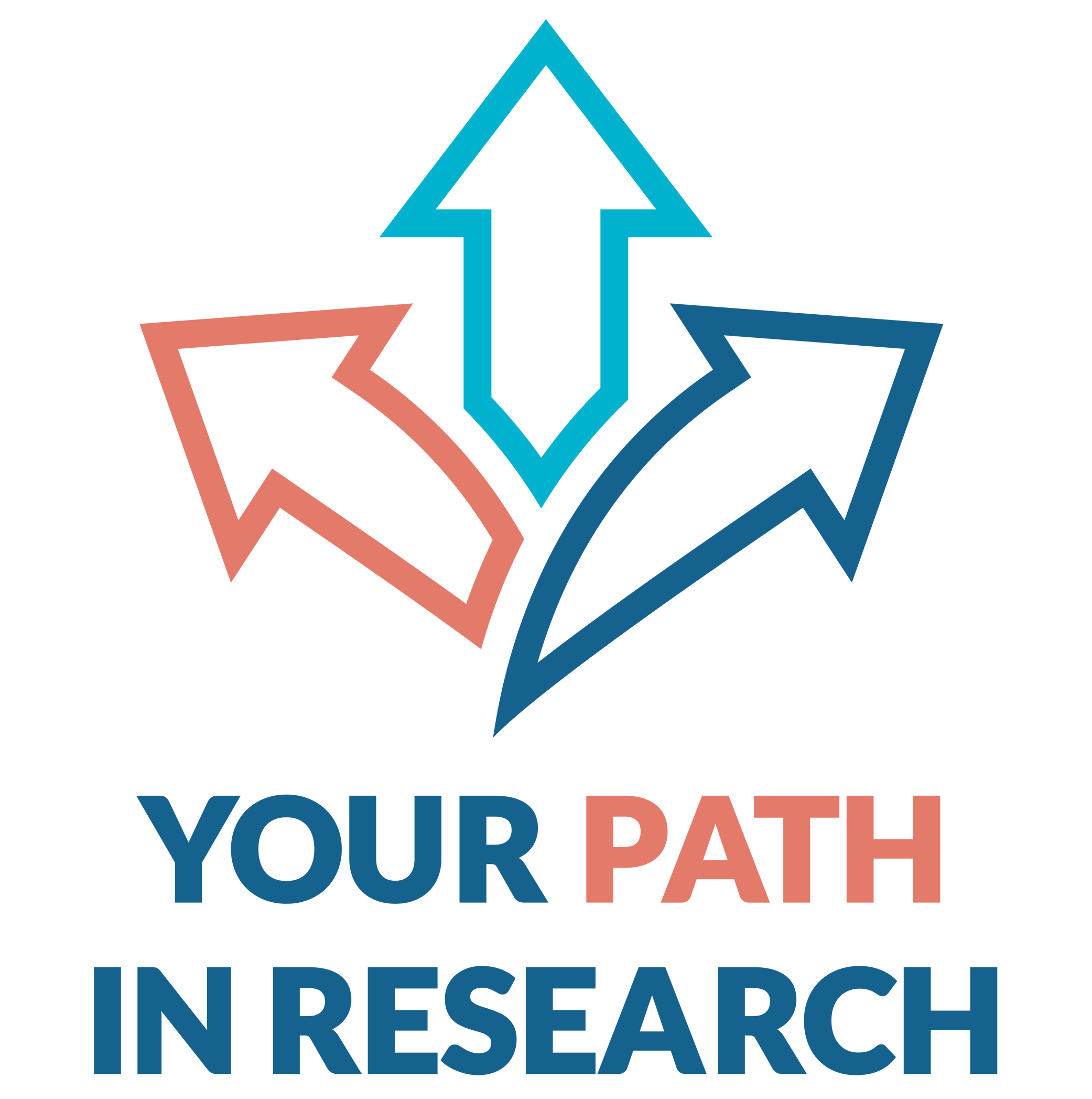 Your Path in Research, blue and orange text sitting underneath an orange, turquoise and dark blue set of arrows.
