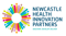 Newcastle Health Innovation Partners, capitalised text sits next to a colourful, circular motif.