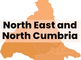 North East and North Cumbria in black text overlaid onto an orange map, with outlines of regional boroughs marked.