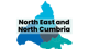 North East and North Cumbria in black text overlaid onto a blue map, with outlines of regional boroughs marked.